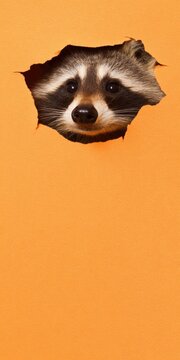 Raccoon peering through torn orange paper hole with copy space