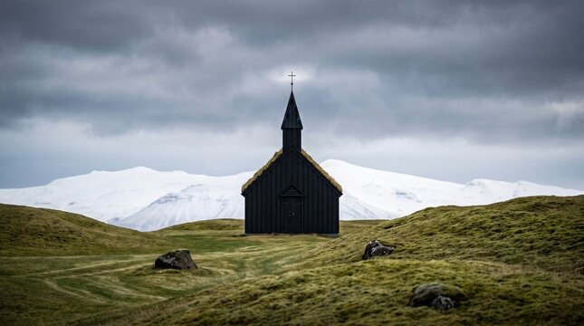 Black Church in Icelandic Landscape with Snowy Mountains &ndash; Moody Nordic Nature Background