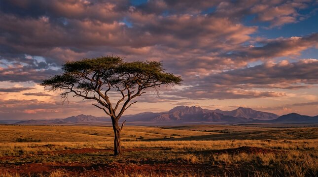African Savanna Landscape with Acacia Tree at Sunset &ndash; Scenic Safari Nature Background