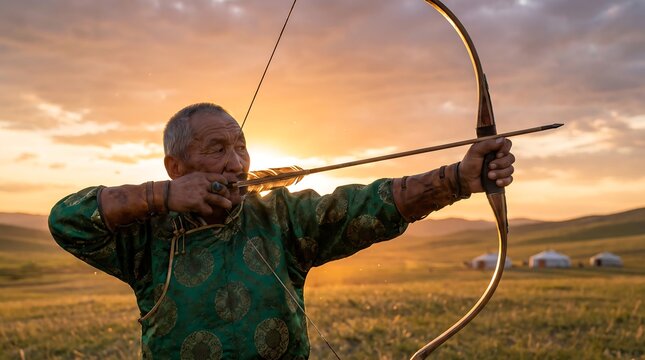 Senior Mongolian Archer Drawing Bow at Sunset on Grassland Steppe