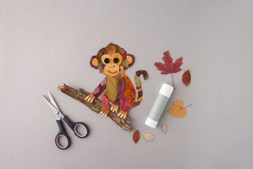 Herbarium art project kids school craft autumn leaf nature pressed monkey branch for education workshop, © Elena