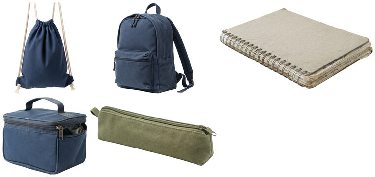 A collection of essential school and student carry items including a backpack, lunch bag, notebook, pencil pouch, and drawstring bag.