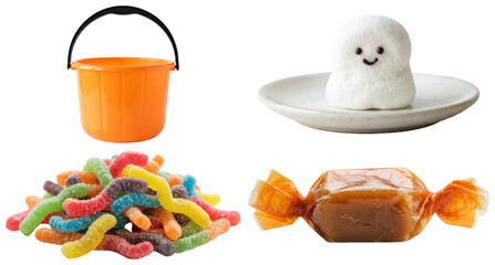 A festive collection of Halloween treats and a classic candy bucket for trick-or-treat celebrations. © A2026_XXX