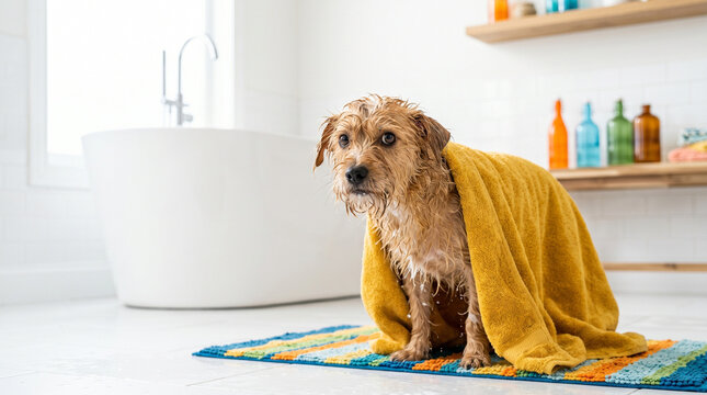 dog shivering after bath water.