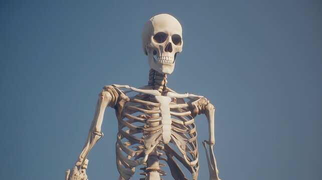 Human skeletal system anatomy diagram isolated on bright blue background skeleton