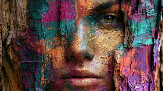 Vibrant bark portrait: human face emerges from textured wood with bright colors