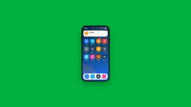 Motion of smartphone screen displaying colorful app icons on green background for digital technology showcase.