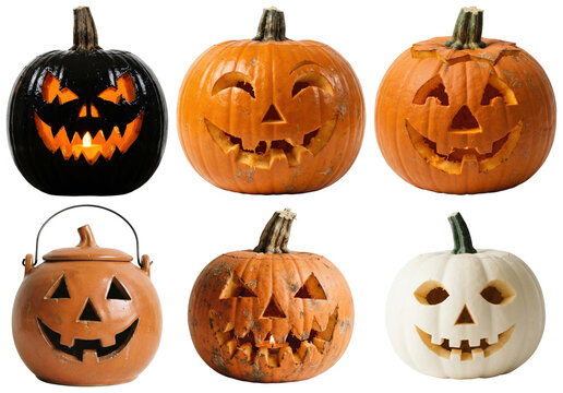 A collection of carved jack-o'-lantern pumpkins and lantern decor in varied colors and styles for Halloween.