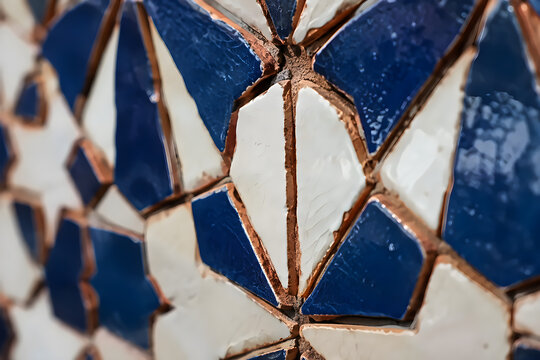 Textured Moroccan zellige ceramic tile mosaic pattern on interior wall soft natural morning light rustic macro close up shot