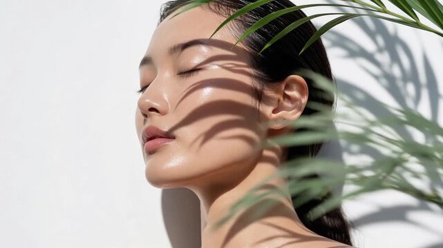 Asian woman with glowing skin relaxing under palm leaf shadows face beauty portrait shadow model
