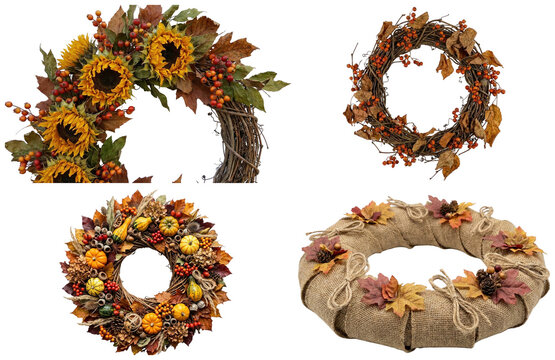 A set of decorative autumn wreaths with gourds, berries, leaves, twine, and sunflower accents.
