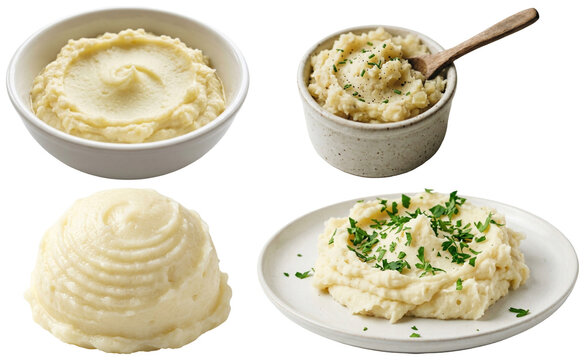 A collection of creamy mashed potato servings presented in different dishes and styles.