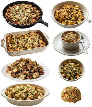 A collection of classic Thanksgiving stuffing servings in different shapes and recipes with golden, herb-filled, savory textures.