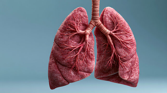 Human lungs anatomy with branching bronchioles against a soft blue backdrop