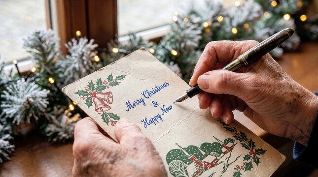 Senior woman hands writing Merry Christmas greeting message on vintage holiday postcard using ink fountain pen. Close-up view on wooden table with warm festive lights and pine garland background