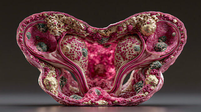 Cross section of a uterus displays fibroids and internal inflammation