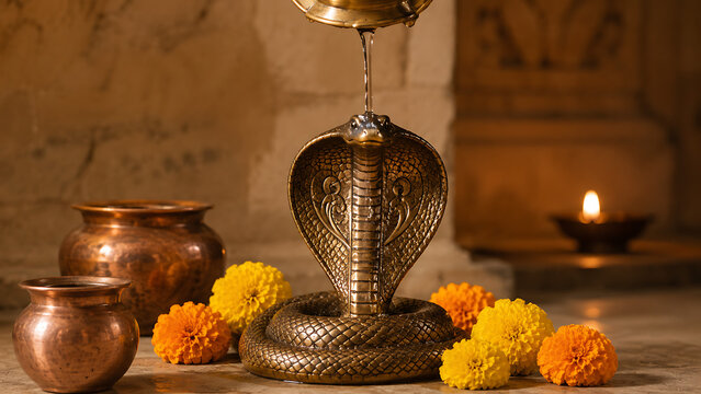 Holy water pouring continuously over a beautiful brass cobra statue surrounded by fresh marigold flowers for nag panchami worship of lord mahadev