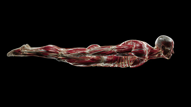 Anatomical illustration of a man performing a superman exercise against a black background