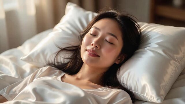 Young asian woman sleeping peacefully on soft bedding with silk pillowcase sleep bed bedroom pillow relaxation