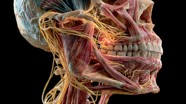 Anatomical illustration of human jaw muscles nerves and skeletal structure