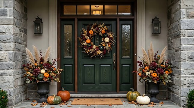 Front door decorated for autumn with pumpkins and fall wreath on a residential porch