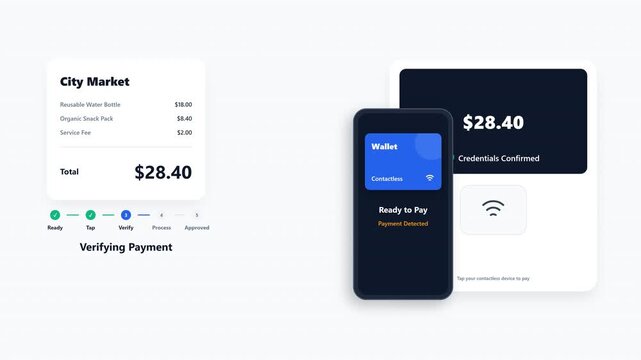 Digital motion graphics interface showing a contactless payment process with an animated smartphone wallet and transaction confirmation for fintech applications