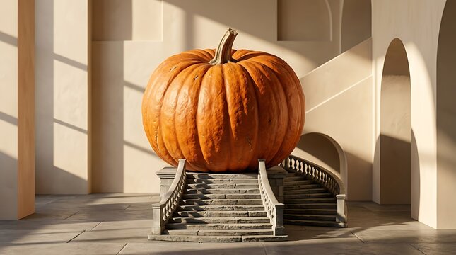 Giant orange pumpkin displayed on stone stairs in a minimalist architectural interior space.