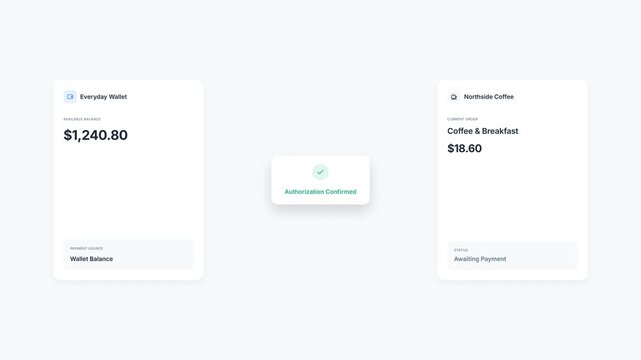 Minimalist digital interface screen displaying a successful payment authorization confirmation for a coffee shop transaction on a clean white background