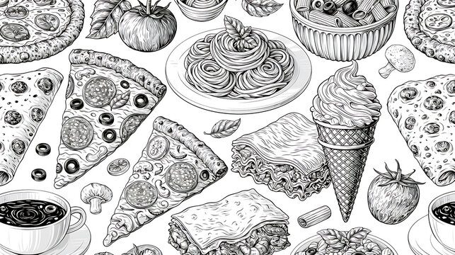 Food illustration pattern showcases pizza desserts and coffee in monochrome
