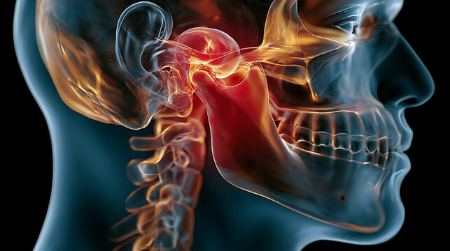 Inflamed temporomandibular joint dysfunction and pain detailed 3d anatomical rendering