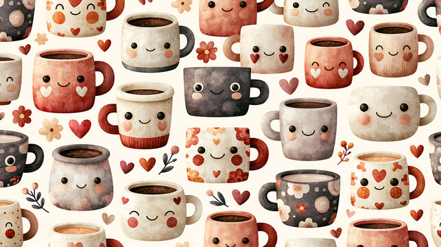 Watercolor floral ornament featuring smiling coffee and tea mugs creates a seamless pattern