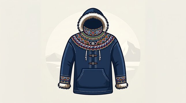 Blue winter parka with colorful ethnic patterns