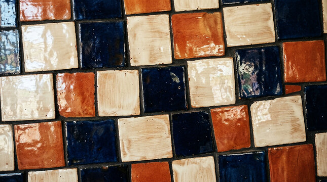 Rustic Ceramic Tile Pattern with Blue Orange and Cream Glaze