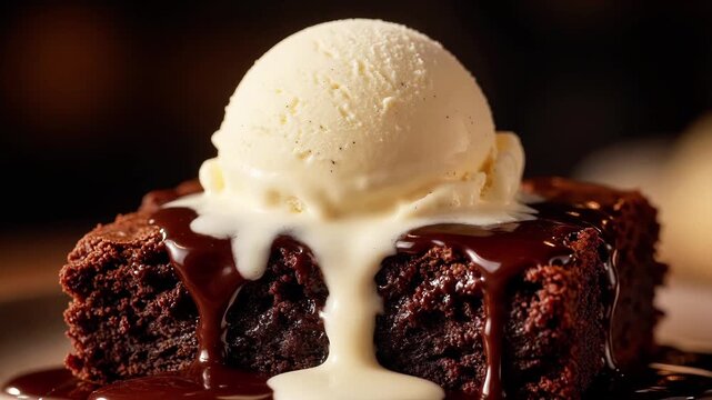 Delicious chocolate brownie served with a scoop of vanilla ice cream and melting sauce dessert sweet cake food tasty