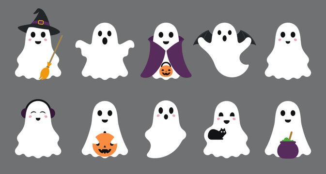 Cute Halloween ghost character collection with witch, bat, pumpkin, black cat and cauldron details for seasonal holiday designs. Vector illustration