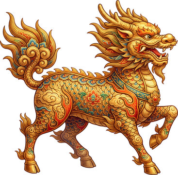 golden auspicious kirin qilin chinese traditional mythology illustration