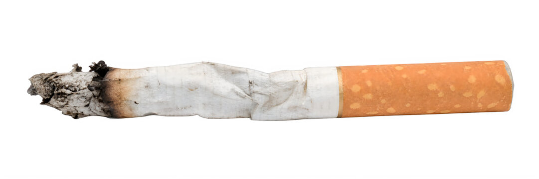 Close up view of single used cigarette with ash filter isolated on transparent background representing health dangers and smoking addiction consequences in visual safety media.