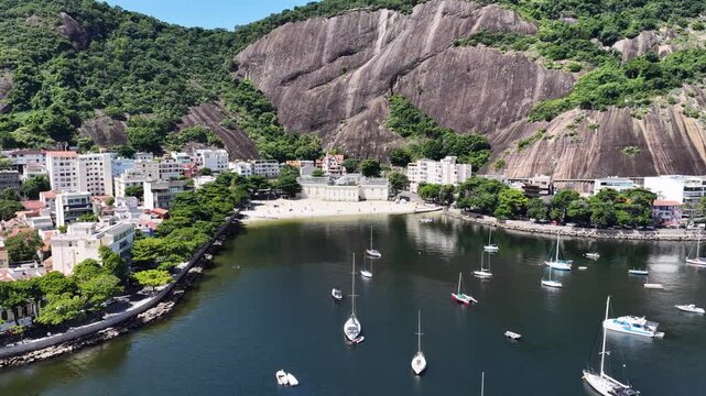 Rio De Janeiro Skyline In Rio De Janeiro In Brazil. Sugarloaf Mountain Landscape. Downtown City. Guanabara Bay Skyline. Rio De Janeiro Skyline In Rio De Janeiro In Brazil. Tourism Landmark. 