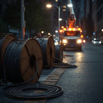 Electrical utility truck and cable spools at road maintenance construction site