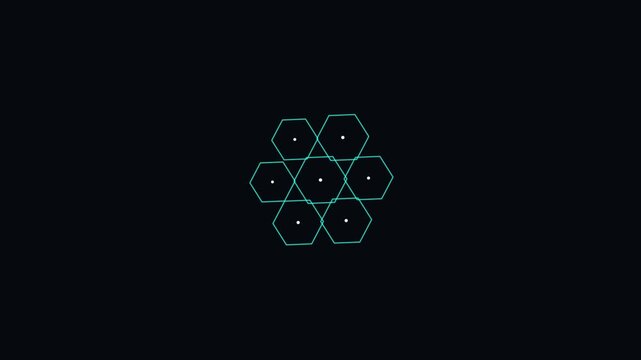 Abstract cyan hexagon pattern pulsing on black background with white center dots for digital motion design.