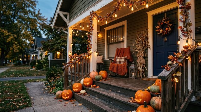Spooky veranda decoration: Halloween doorstep, carve pumpkin, warm illumination, orange blanket, wooden staircase, autumn leaf, rock chair, door wreath, cozy lantern, dusk atmosphere.