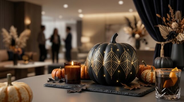 Halloween party interior: stylish gourd, gold pattern, aroma wax, citrus garnish, slate board, cozy atmosphere, background crowd, elegant design, dark curtain.