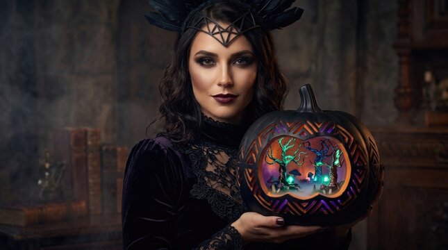 Halloween sorceress queen: carve pumpkin, gothic dress, mystic diadem, spooky diorama, hold lantern, dark enchantment, miniature wood, wear lace, black feather, curl hair.