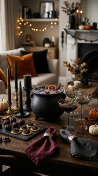 Halloween feast table: steaming cauldron, spooky cocktail, dark candle, orange pumpkin, sweet appetizer, festive room, cozy atmosphere, mystic brew, warm fireplace, autumn celebration.