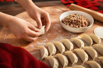 Fototapeta premium Hands folding traditional jiaozi dumplings on a floured family table for an authentic Lunar New Year reunion meal in a warm home kitchen