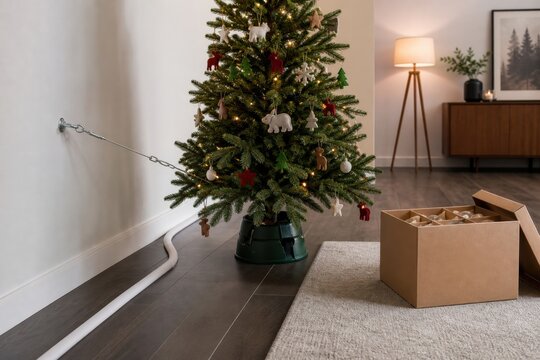 Pet safe Christmas tree secured to the wall with protected floor cables and soft unbreakable ornaments in a modern home for seasonal pet care