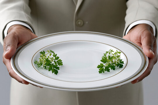 Chef serves herbs on a white plate
