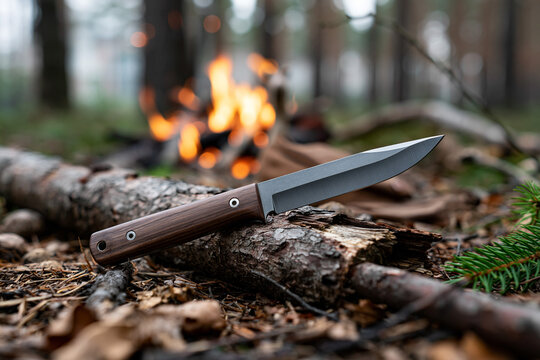 Knife on a log by a campfire