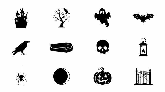 Elegant black silhouette icons of spooky season symbols in minimalist style with stylized format against neutral background representing classic halloween