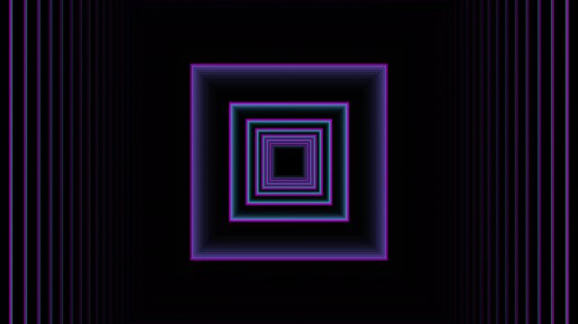 Abstract tunnel effect with glowing neon square frames moving forward in seamless dark background.